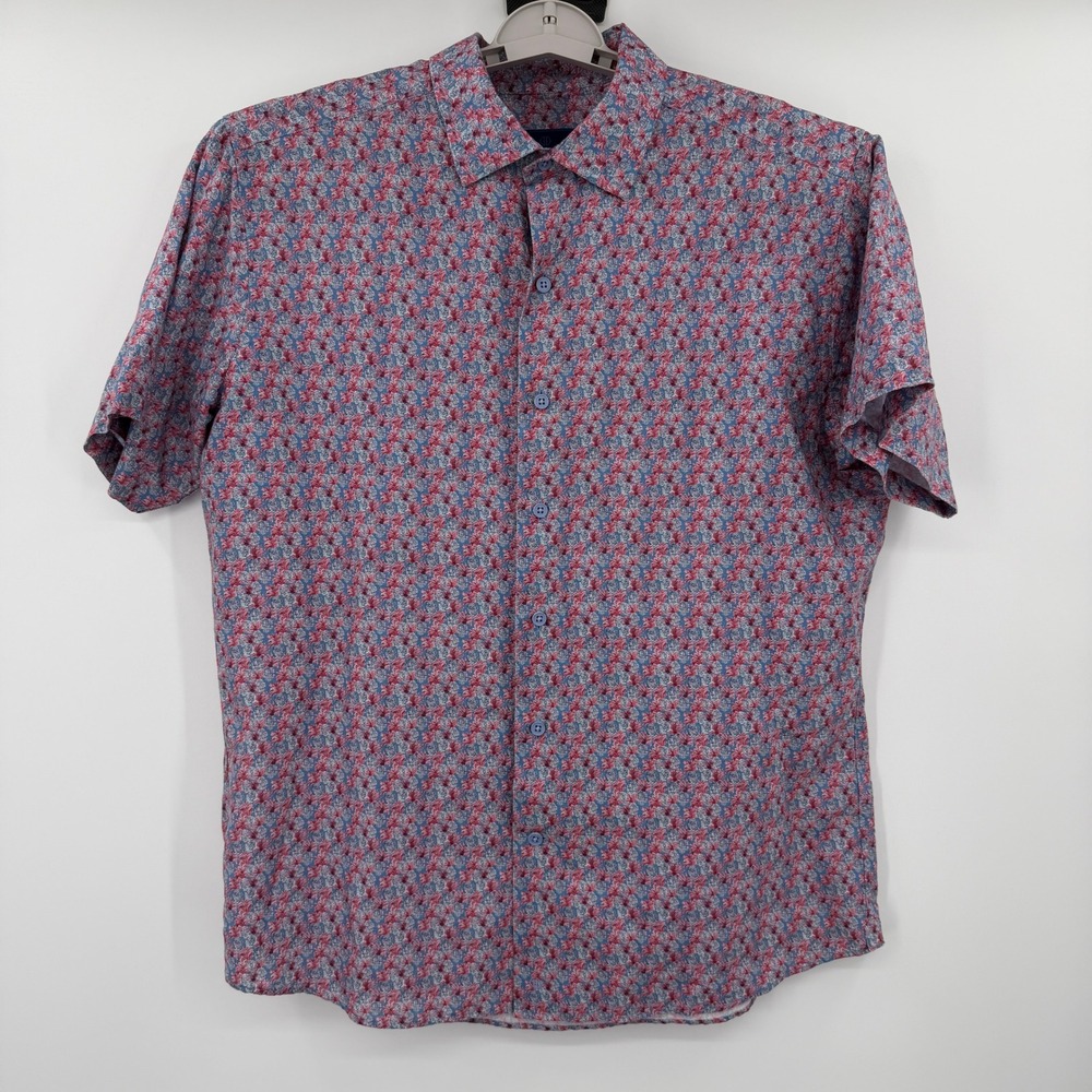 David Donahue Mens Large Pineapple Print Linen Cotton Short Sleeve Button Shirt